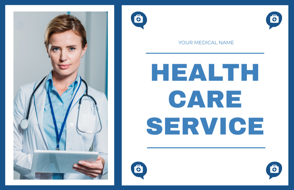 Szablon projektu Healthcare Service Ad with Confident Doctor with Stethoscope Business Card 85x55mm