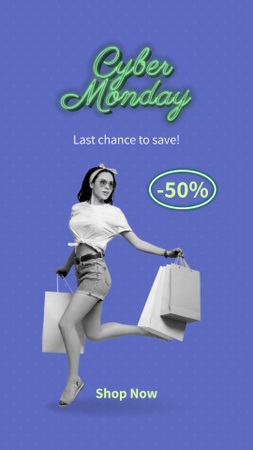 Cyber Monday Sale with Stylish Woman holding Shopping Bags Instagram Video Story Design Template