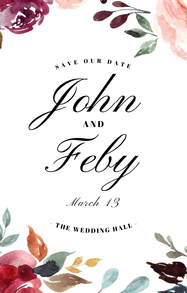 Red Watercolor Flowers on Elegant Wedding Announcement Invitation 4.6x7.2in – шаблон для дизайну