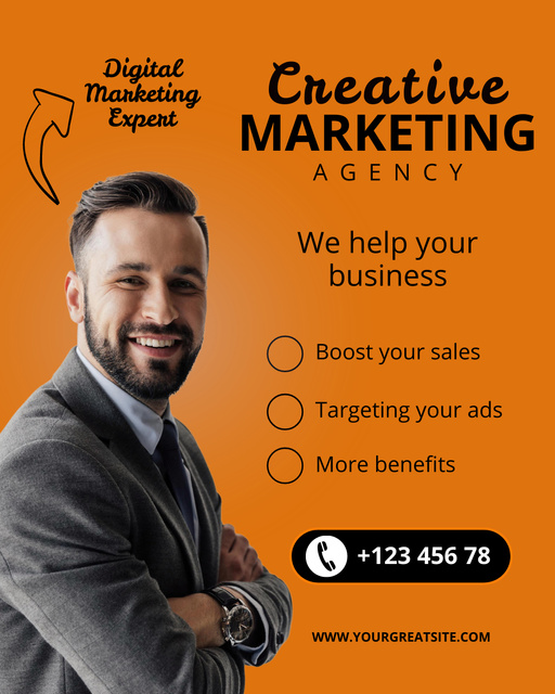 Designvorlage Creative Marketing Agency Services with Smiling Businessman für Instagram Post Vertical