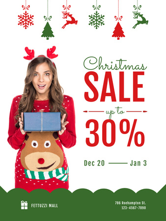 Ontwerpsjabloon van Poster US van Christmas Sale with Woman Holding Present