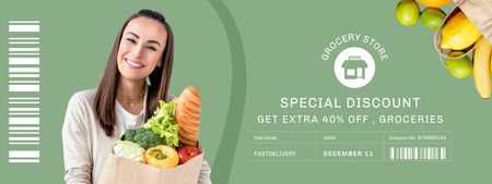 Woman Holding Paper Bag With Groceries And Discount Coupon Design Template