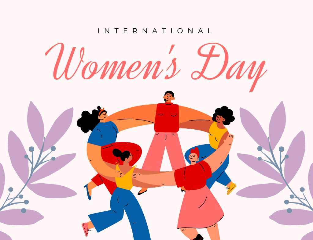 International Women's Rights Day Greeting with Women Dancing in Circle Thank You Card 5.5x4in Horizontal Tasarım Şablonu