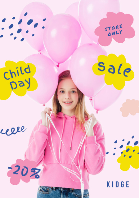 Children's Day with Cute Girl with Pink Balloons Poster 28x40in – шаблон для дизайна