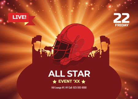 Ontwerpsjabloon van Flyer 5x7in Horizontal van Football Event Announcement with Helmet on Field on Red