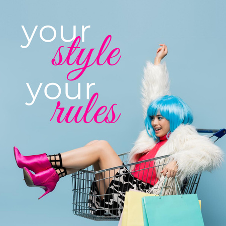 Alışveriş Arabasında Oturan Güzel Mutlu Genç Kadın Instagram Tasarım Şablonu