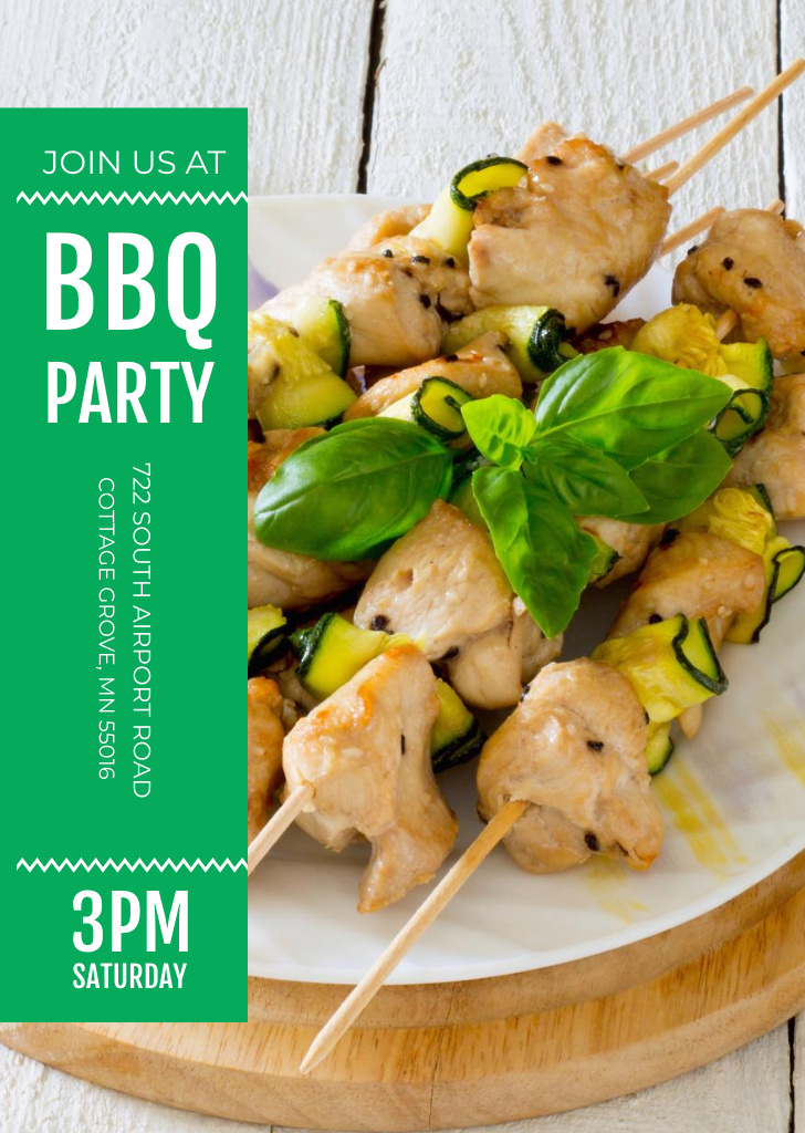 BBQ Party Invitation with Grilled Meat on Skewers Flyer A6 Design Template