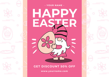 Easter Discount Offer with Cute Gnome and Egg on Pink Card Design Template