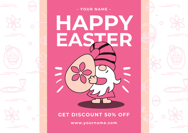 Ontwerpsjabloon van Card van Easter Discount Offer with Cute Gnome and Egg on Pink
