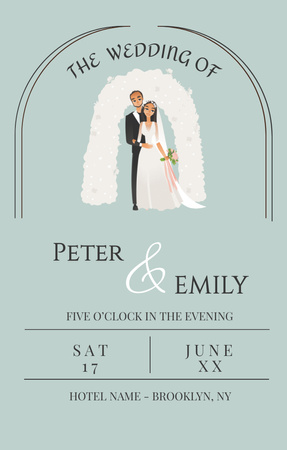 Wedding Invitation with Cartoon Bride and Groom on Blue Invitation 4.6x7.2in – шаблон для дизайну