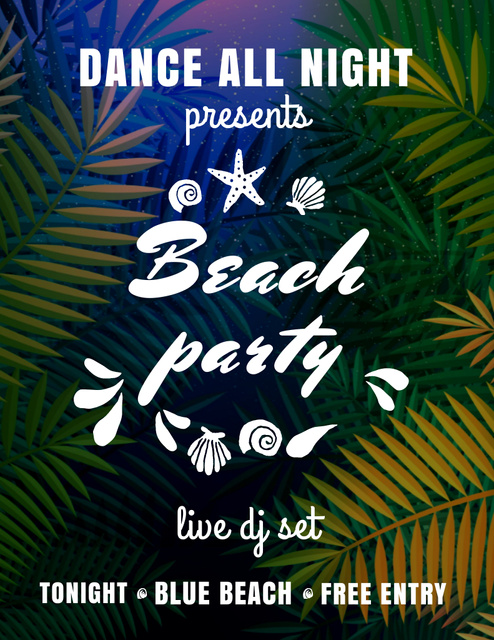 Dance Party with Tropical Palm Tree Leaves Flyer 8.5x11in Design Template