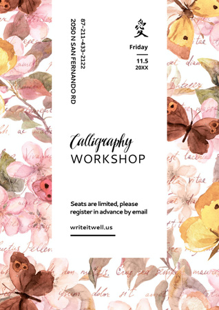 Designvorlage Calligraphy Workshop Announcement with Watercolor Flowers für Flyer A4