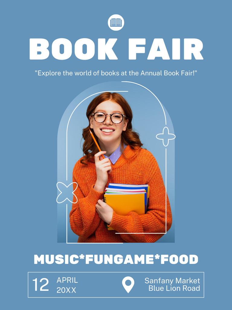Book Fair Ad with Happy Reader on Blue Poster US Modelo de Design