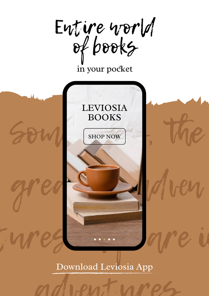 Books App with cup of Coffee and Books on screen Poster Design Template