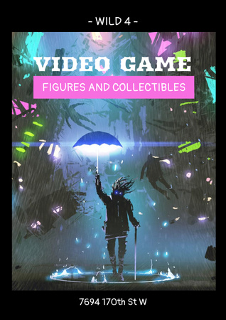Videopelihahmot -mainos, jossa on hahmo kuvitteellisessa maailmassa Poster Design Template