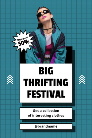 Pre-owned clothes thrifting festival blue Pinterest Design Template