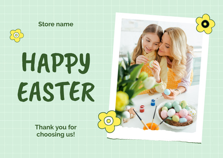 Thank You Message with Child and Mother Painting Easter Eggs Card Design Template
