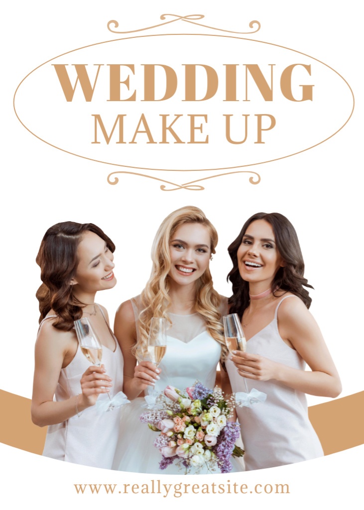 Ontwerpsjabloon van Flayer van Wedding Make Up Offer with Beautiful Bride with Bridesmaids