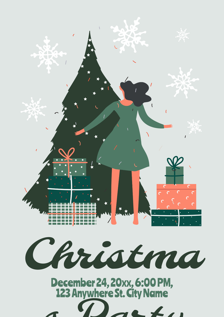 Christmas Celebration with Woman decorating Tree Poster Design Template