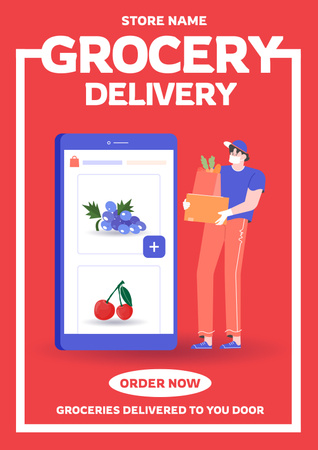 Grocery Delivery Service Advertisement on Red Poster Design Template