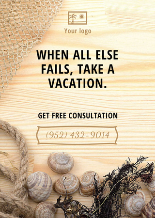 Travel inspiration with Shells on wooden background Flyer A6 Design Template