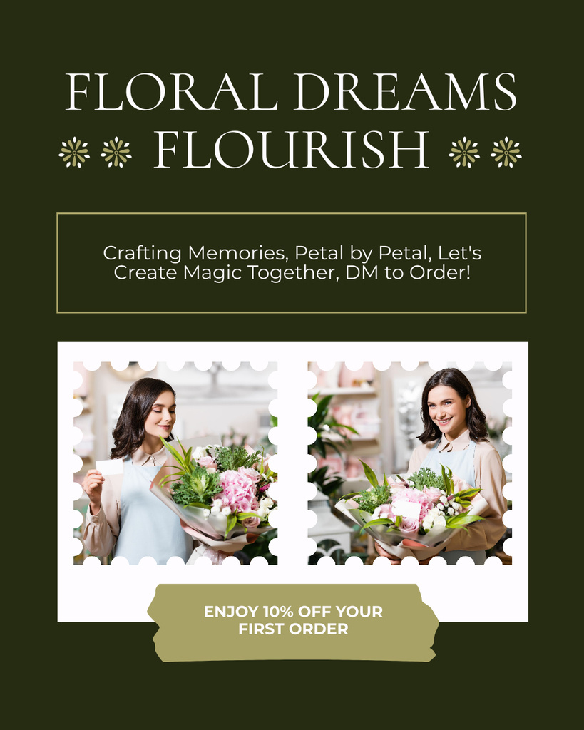 Designvorlage Offer Discounts on Fresh Bouquets with Beautiful Brunette für Instagram Post Vertical
