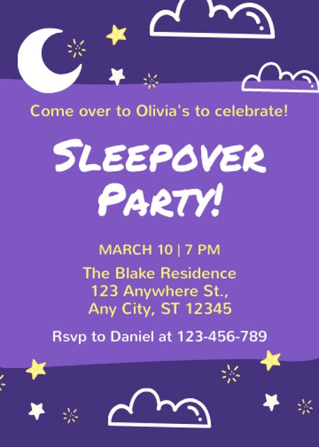 Sleepover Party Celebration With Illustration In Purple Invitation Πρότυπο σχεδίασης