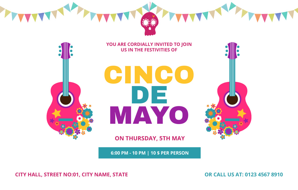 Festival Celebrations Cinco De Mayo with Guitars Invitation 4.6x7.2in Horizontal – шаблон для дизайна