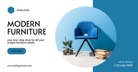 Mainos moderneista huonekaluista sinisellä nojatuolilla Facebook AD Design Template