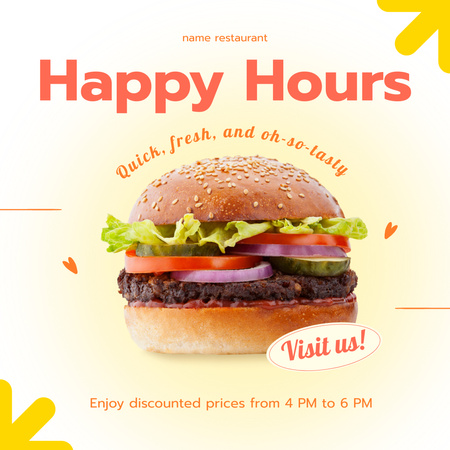 Happy Hours Announcement with Tasty Burger Instagram AD Design Template