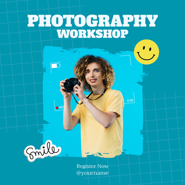 Photography Workshop Ad with Guy holding Camera