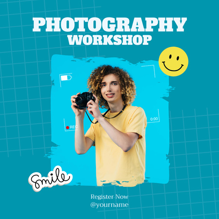 Photography Workshop Ad with Guy holding Camera Instagram tervezősablon