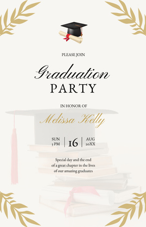 Platilla de diseño Graduation Party Announcement In White with Leaves Invitation 5.5x8.5in