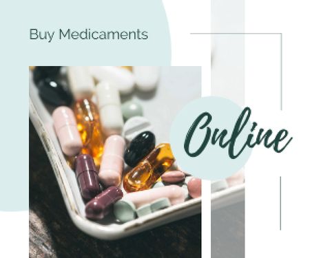 Online Drugstore Offer with Assorted Pills and Capsules Medium Rectangle Design Template