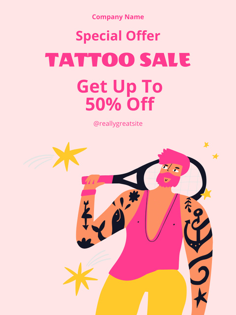 Tattoo Sale Offer With Pink Illustration Poster US Tasarım Şablonu