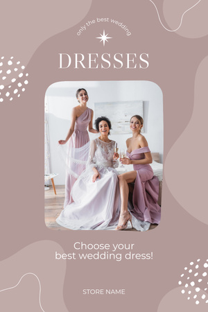 Wedding Dresses Shop Ad with Elegant Bride and Bridesmaids Pinterest Design Template