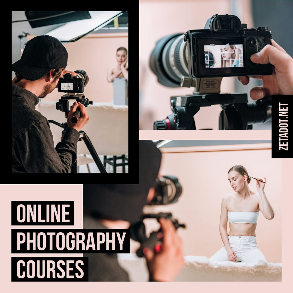 Ontwerpsjabloon van Instagram van Photography Courses Ad Photographer and Woman in Studio