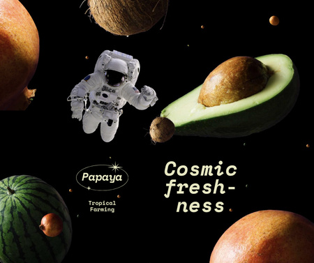 hauska maatilan mainos, jossa astronautti lentää hedelmien välillä Facebook Design Template