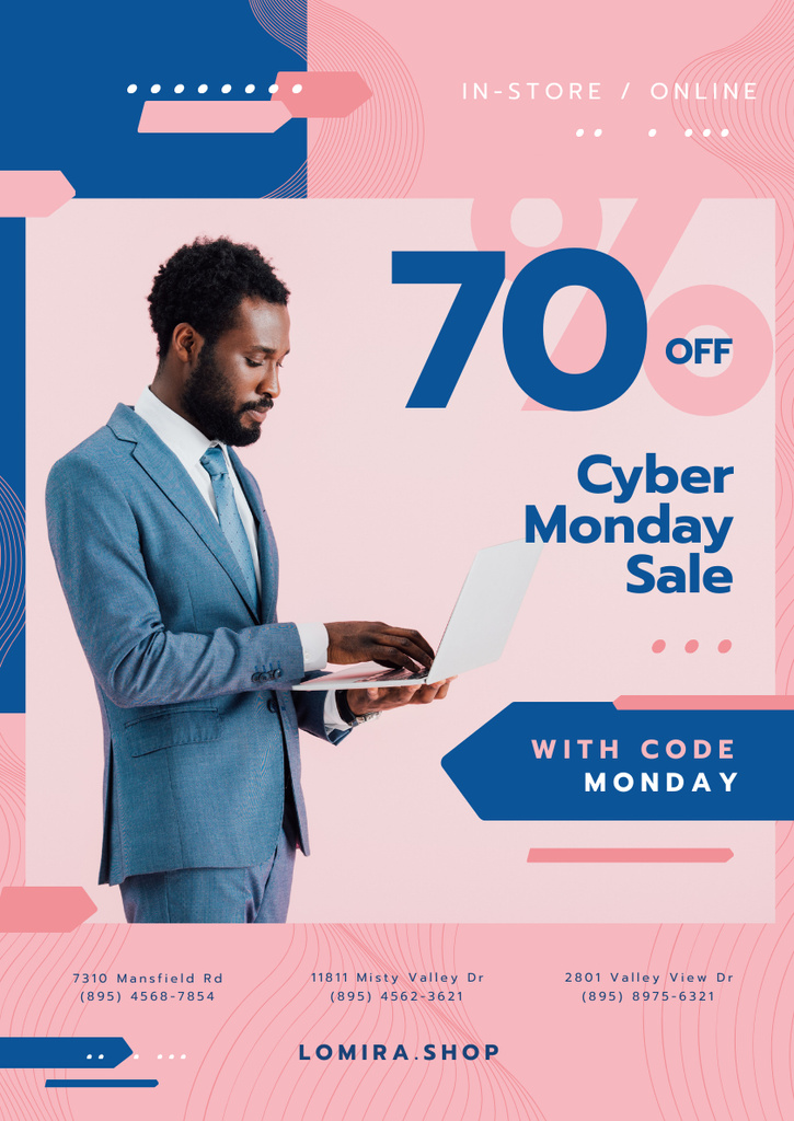 Ontwerpsjabloon van Poster A3 van Cyber Monday Sale with Man Typing on Laptop