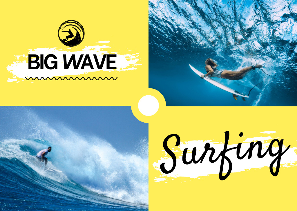Surfing School Ad with Man on Wave Postcard Tasarım Şablonu