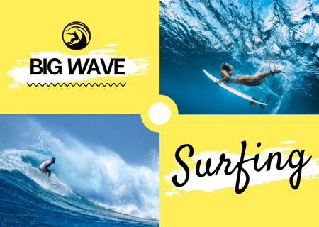 波に乗った男性が登場するサーフィン スクールの広告 Postcardデザインテンプレート