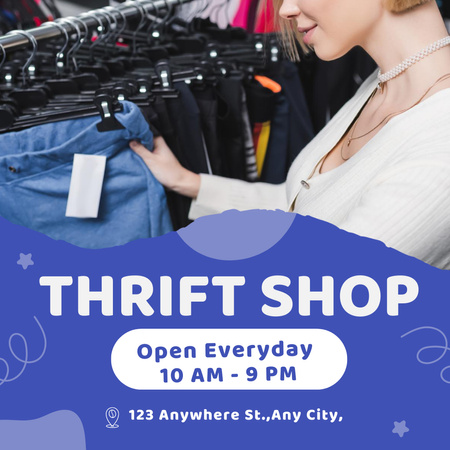 Pre-owned clothes choosing in thrift shop Instagram AD Design Template