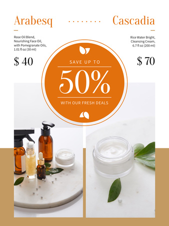 Ontwerpsjabloon van Poster US van Cosmetica-advertentie met flessen voor huidverzorgingsproducten