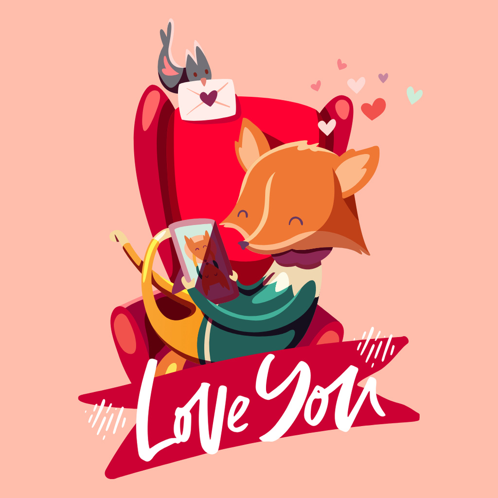 Designvorlage Love Card with Cute Cartoon Fox in Armchair für Instagram