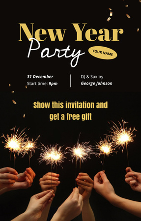 New Year Party Announcement with Sparklers Invitation 4.6x7.2in Design Template