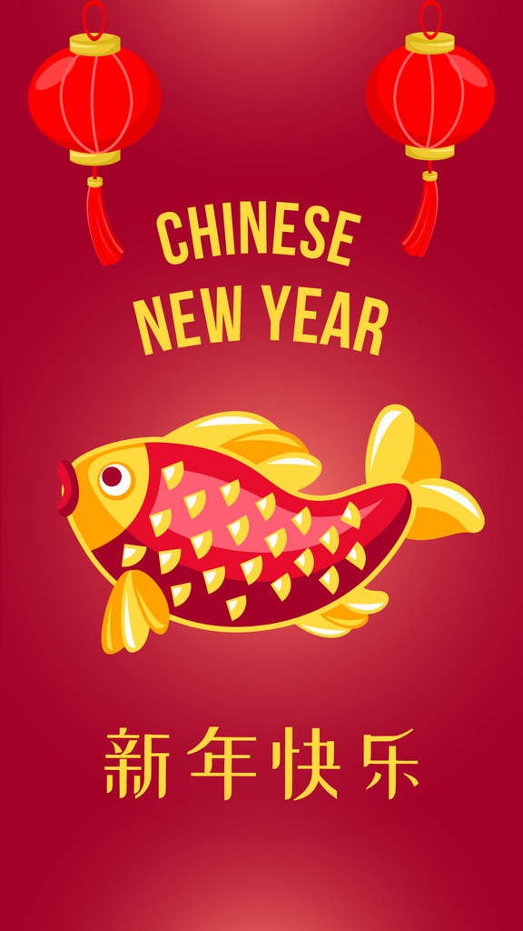 Happy Chinese New Year Salutations With Fish In Red Instagram Story Πρότυπο σχεδίασης