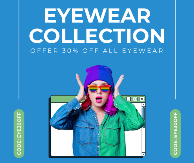 Plantilla de diseño de Promo of New Stylish Eyewear Collection with Young Woman Facebook 