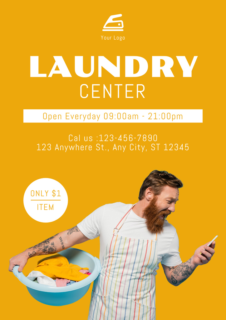 Designvorlage Offering Laundry Services with Young Man für Poster