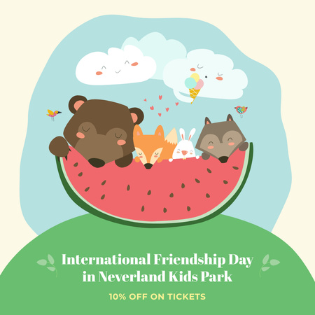 Komik Hayvanlar ile Çocuk Parkı Uluslararası Dostluk Günü teklif Instagram AD Tasarım Şablonu