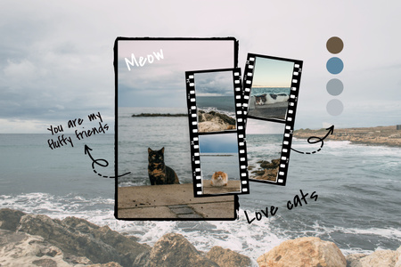 Fluffy Friends -kuvat meren rannalla Mood Board Design Template